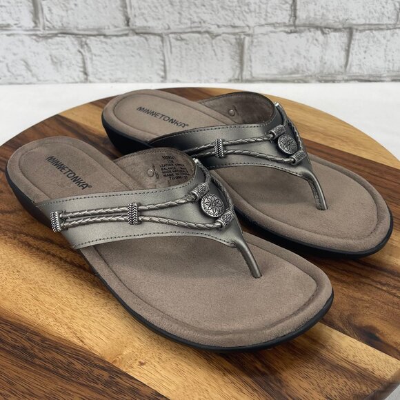 Minnetonka Silverthorne 5909041 Womens 11 M Gray Pewter Comfort Thong Sandals - Picture 8 of 14